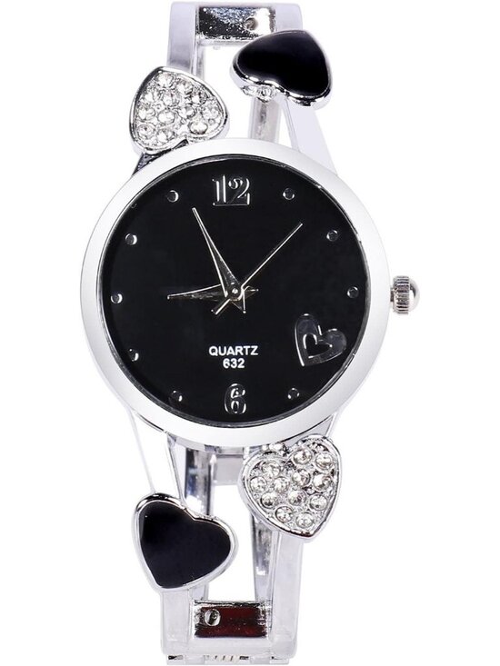 Accessories - Women's Black Quartz with Rhinestone Round Dial Stainless Steel Band Cuff Watch